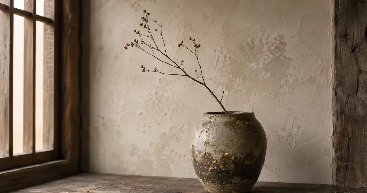 Vaso de cerâmica wabi-sabi restaurado com ouro sobre peitoril de madeira envelhecida, banhado pela luz da janela.