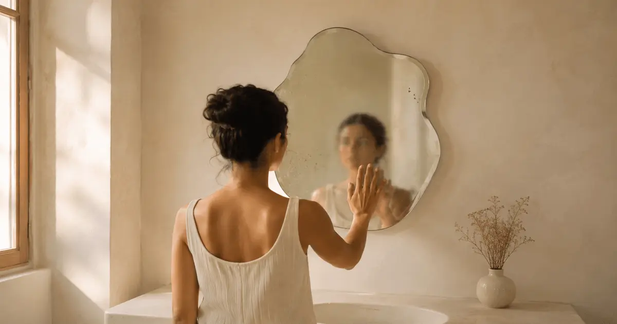 Beleza natural simbolizada por mulher tocando espelho ondulado em ambiente claro, sereno e minimalista.