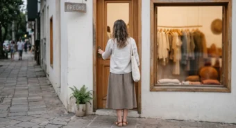 Mulher de costas abre a porta de um brechó de rua, o gesto que inicia a experiência de comprar em brechó.