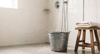 Balde de metal sob o chuveiro recolhe a água que esquenta, gesto simples de economizar água em casa.