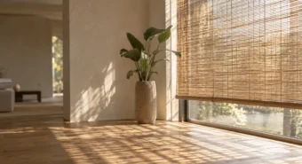 Persiana de bambu baixada filtra o sol da tarde e sombreia o piso, estratégia de casa fresca sem ar-condicionado.