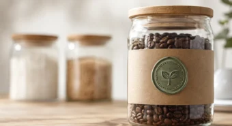 Pote de vidro com café e um selo verde em relevo no rótulo kraft, entre potes sem selo: o que selos e certificações garantem.