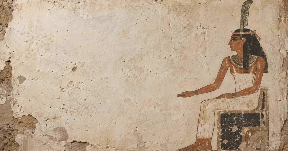Pintura de tumba egípcia mostrando a deusa Ma'at sentada, com a pena de avestruz na cabeça, símbolo do equilíbrio.